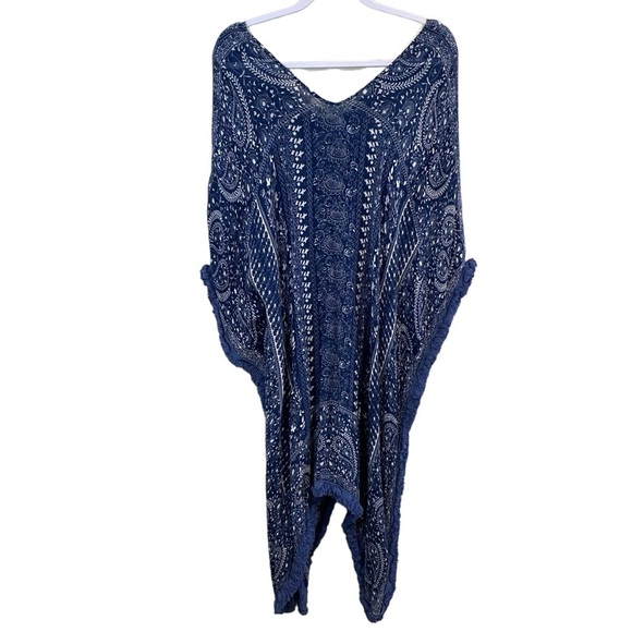 Anthropologie - Blue/Cream Fringed Caftan - O/S - Picture 2 of 11